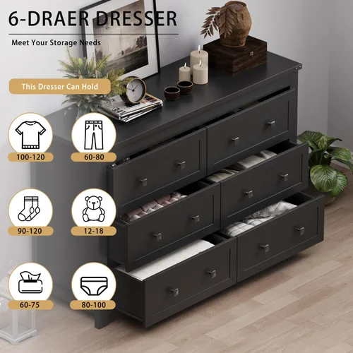 Miniatura 5 de Wodeer - Cómoda moderna, 6 cajones, negro, asas de metal, almacenamiento de clóset, organizador