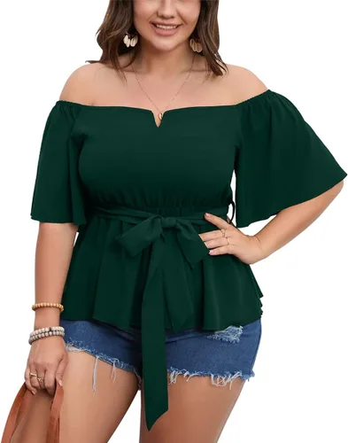 SCOMCHIC Blusa peplum con hombros descubiertos para mujer, talla grande, media manga acampanada, cintura con lazo en la cintura, dobladillo con