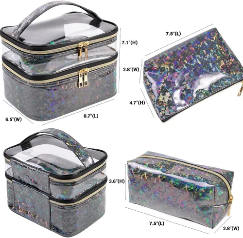 Miniatura 2 de FITINI 3 piezas de bolsas de maquillaje de doble capa, organizador de grandes estuches de cosméticos de viaje, bolsas de aseo impermeables, pequeña