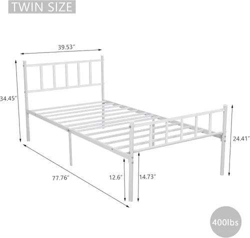 Miniatura 2 de Marco de cama de plataforma de metal individual con cabecero, soporte de listones de acero resistente, no necesita somier, fácil montaje, blanco