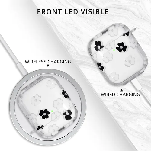 Miniatura 4 de Funda compatible con AirPods, funda de TPU suave con bonito patrón de flores para AirPods de 2 y 1 generación con llavero colgante y mosquetón
