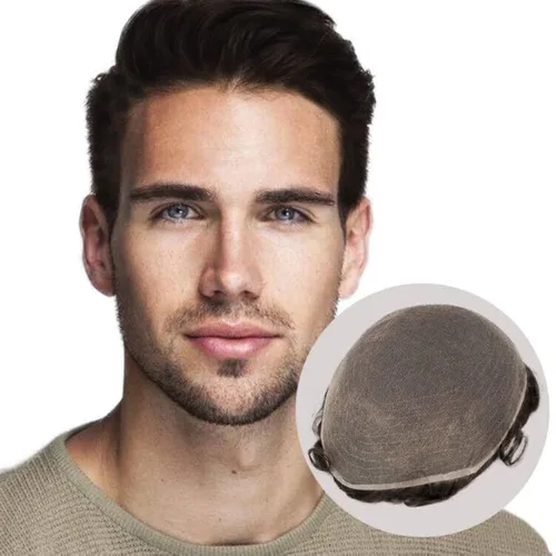 Miniatura 8 de Amiable Toupee para hombres, cabello humano, encaje francés, sistemas de reemplazo de cabello para hombre, suave blanqueado, frontal, aspecto #1