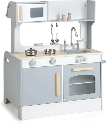 Miniatura 8 de HONEY JOY Juego de cocina para niños, cocina de doble cara para niños pequeños y restaurantes, utensilios de cocina, microondas, fregadero, gabinete