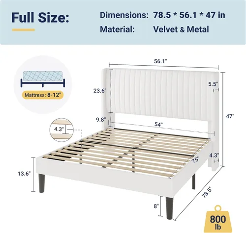 Miniatura 2 de Allewie Marco de cama de terciopelo de tamaño matrimonial, cabecera capitoné vertical con respaldo de ala, plataforma tapizada, listones de madera