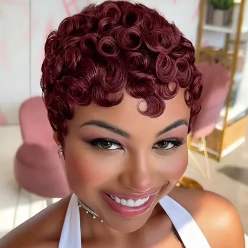 Miniatura 8 de MOONSHOW Pelucas cortas de corte Pixie para mujeres negras, pelucas cortas Pixie negras naturales para mujeres negras, peluca sintética rizada