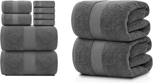 White Classic Juego de toallas de 8 piezas color gris oscuro [2 toallas de baño, 2 toallas de mano, 4 toallas faciales] y 2 toallas de baño gris