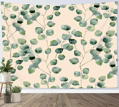 Miniatura 16 de HVEST Tapiz de hojas de eucalipto para colgar en la pared, hojas de eucalipto verdes sobre fondo beige, tapiz para colgar en la pared, tapiz