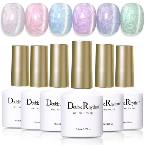 Miniatura 16 de Double Rhythm Juego de esmaltes de gel de ojo de gato, 6 colores, purpurina brillante con imán, holográfico, reflectante, magnético, UV, kit de arte