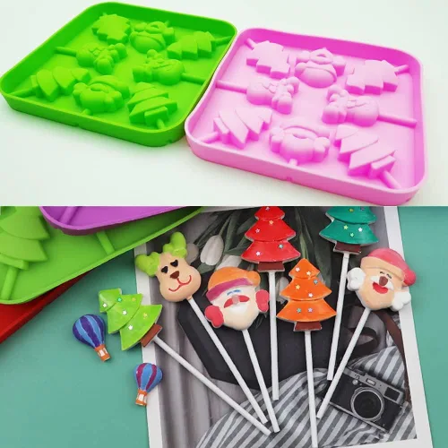 Miniatura 4 de 2 moldes de caramelo para piruletas de Navidad, 8 cavidades, moldes de silicona para piruletas de chocolate, incluye Papá Noel, árbol de Navidad