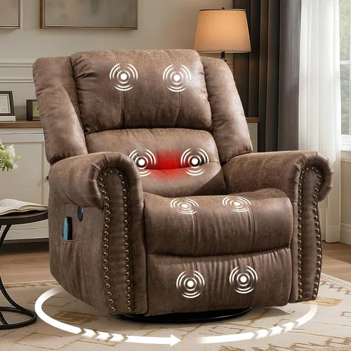 Miniatura 10 de MEETWARM Sillón reclinable giratorio de masaje con calor y vibración, mecedora manual mecedora, silla reclinable giratoria de 360° con control
