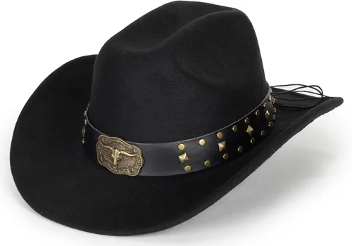 Miniatura 18 de Sombrero de vaquero clásico de fieltro occidental para mujeres y hombres de ala ancha con hebilla de cinturón (tamaño: mediano-grande)