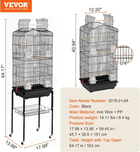 Miniatura 7 de VEVOR Jaula grande para loros de 64 pulgadas con tapa abierta y soporte rodante desmontable para periquitos, pinzones, canarios, agapornis