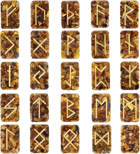 Miniatura 6 de mookaitedecor Juego de 25 piedras de runa de cristal de jaspe rojo, grabadas Golden Elder Futhark con símbolo del alfabeto, runas para adivinación