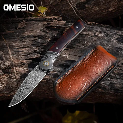 Miniatura 7 de Omesio Cuchillo de bolsillo de damasco, hoja de acero de damasco de 3.27 pulgadas, mango de palisandro, cuchillo plegable EDC con clip y funda