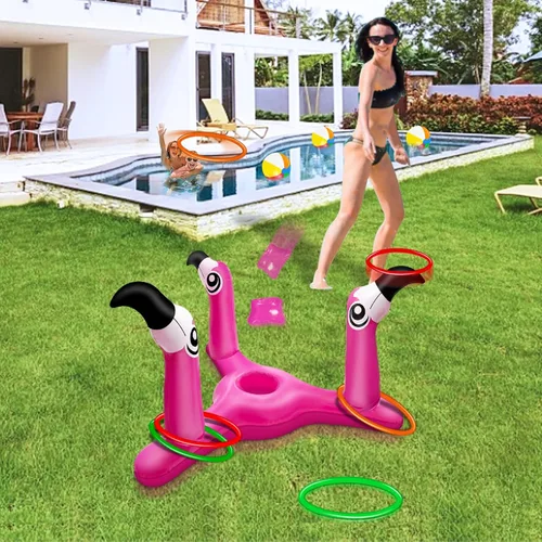Miniatura 4 de Juego de juguetes inflables de flamenco 2 en 1 para lanzar y lanzar anillos. Juego de juguetes inflables de flamenco para piscina y cornhole
