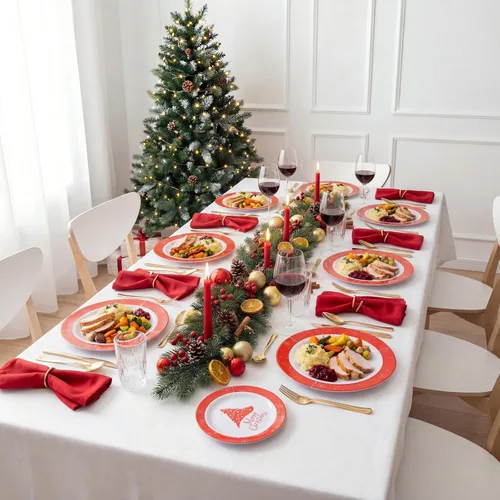 Miniatura 6 de Rubtlamp 125 piezas de platos de plástico de Navidad, platos rojos de plástico con árbol de Navidad nevado, vajilla desechable de Navidad incluye 25
