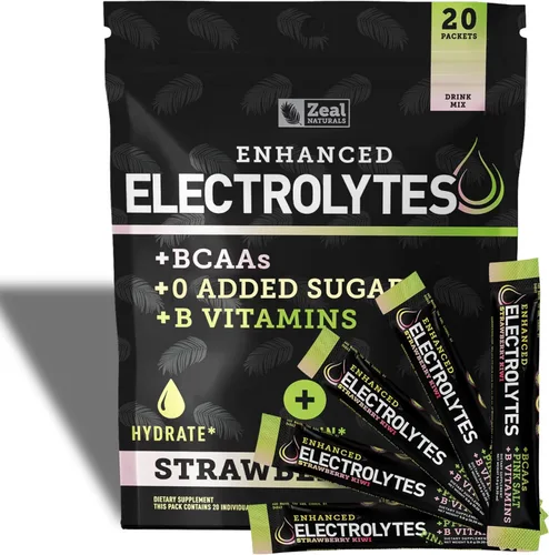 Paquetes de electrolitos mejorados en polvo (fresa y kiwi | 20 paquetes) con 0 azúcar+BCAA + suplemento de electrolitos de vitaminas B con zinc de