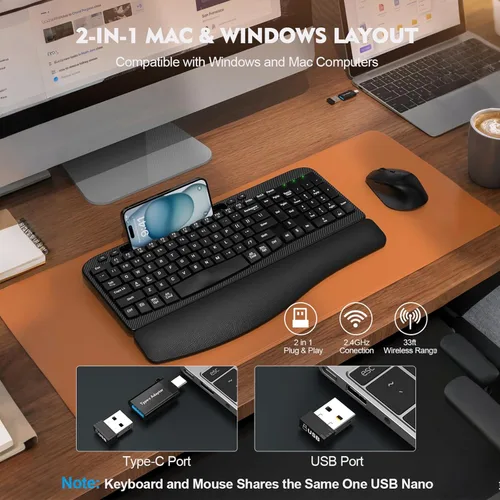 Miniatura 5 de Juego de teclado y mouse inalámbrico, teclas de onda de tamaño completo, teclado ergonómico con reposa muñecas acolchado, soporte para teléfono