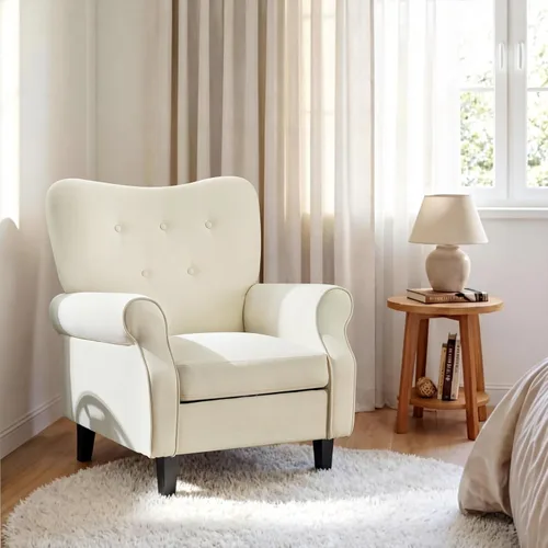 Miniatura 2 de YOLENY - Silla decorativa moderna, con respaldo alto, sillón individual tapizado con botones de tela y patas de madera para sala de estar, Beige