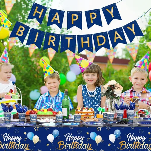 Miniatura 6 de Pajean Juego de vajilla azul y dorado para fiesta de cumpleaños, decoración de cumpleaños azul marino para hombres, pancartas y manteles, platos