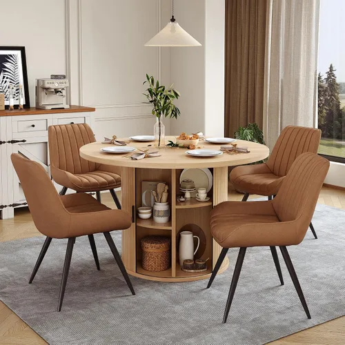 Miniatura 14 de Miereirl Juego de mesa y sillas de comedor moderno redondo, con una mesa de comedor de madera equipada con compartimentos de almacenamiento
