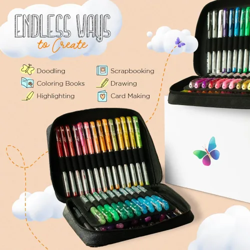 Miniatura 8 de ColorIt Juego de bolígrafos de gel para colorear, paquete de 192 con 12 bolígrafos metálicos, 12 neón, 72 bolígrafos de gel con purpurina, 96