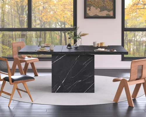 Miniatura 8 de HSH Mesa de comedor de 55 pulgadas para 4, moderna mesa de comedor de mármol sintético negro, mesa de cocina rectangular con pedestal resistente