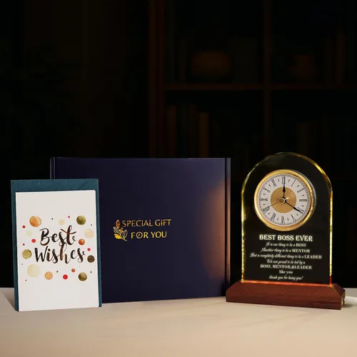 Miniatura 3 de Best Boss Ever Regalos para hombres y mujeres — Reloj de escritorio de cristal con base de luz de madera Apreciación del jefe y despedida