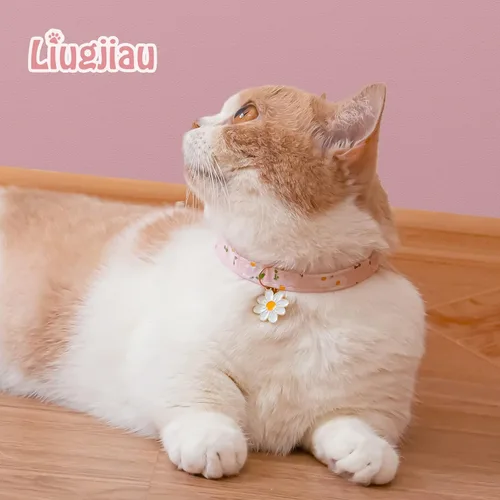 Miniatura 5 de Paquete de 2 Collares Separables de Algodón para Gatos con Campana y Pendientes de Flores Rosas y Moradas Lindo Collar para Gatito Adecuado