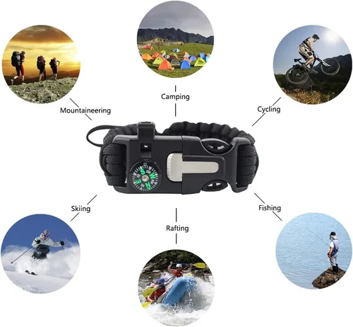 Miniatura 5 de MansWill Pulsera de supervivencia ajustable 5 en 1, nuevo kit de pulsera deportiva de emergencia de 7 núcleos, brújula impermeable, silbato