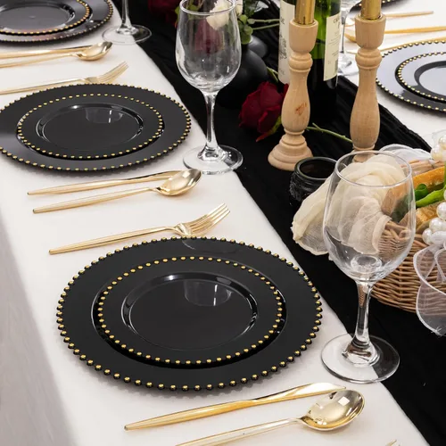 Miniatura 7 de supernal 100 piezas Platos de plástico negros y dorados, platos desechables negros, suministros de fiesta de Halloween que incluyen 50 platos