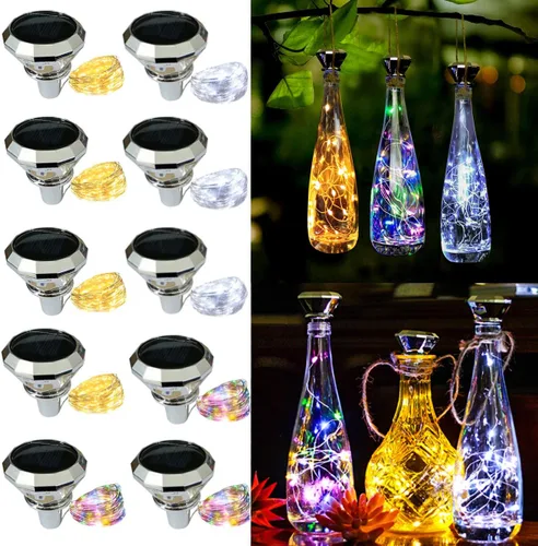 Luces solares para botellas de vino, paquete de 10 unidades, 20 LED, impermeables, multicolor, cadena de luces de hadas (3 colores), adecuadas para