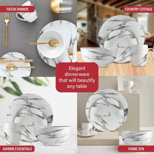 Miniatura 5 de Safdie & Co. - Juego de vajilla de mármol de 16 piezas, porcelana, color blanco