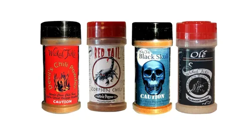 Miniatura 3 de Wicked Tickle Juego de regalo de chile en polvo, paquete de 4 – fantasma, fantasma ahumado, escorpión, sal de ajo habanero, botellas de 2 onzas