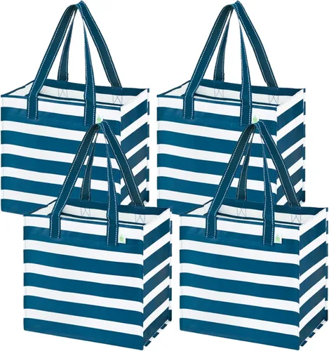 Miniatura 17 de VENO Paquete de 4 bolsas de comestibles reutilizables de Navidad, bolsas de compras resistentes con asas, para carrito de compras con parte inferior