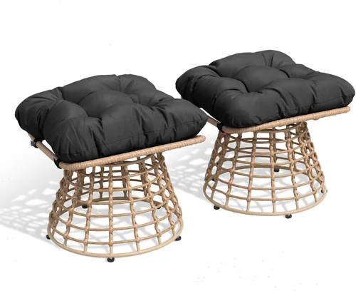 Otomanas giratorias para exteriores de 2 piezas para reposapiés de patio, otomana de mimbre de ratán de polietileno con cojines, reposapiés para