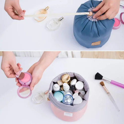 Miniatura 6 de Estuches de viaje cosméticos, cilíndrico portátil lavado bolsa de almacenamiento con cordón organizador de cosméticos de viaje azul, Azul