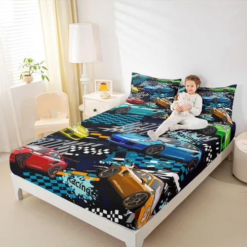 Miniatura 2 de Manfei Coloful - Sábana bajera ajustable de auto de carreras para niños, 2 piezas, para decoración de habitación de niños y adolescentes, funda