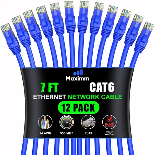 Maximm Cable Ethernet Cat 6 – 7 pies (paquete de 12), LAN de alta velocidad, Internet, parche y cable de red, UTP, 10 Gbps, 550 MHz, color azul