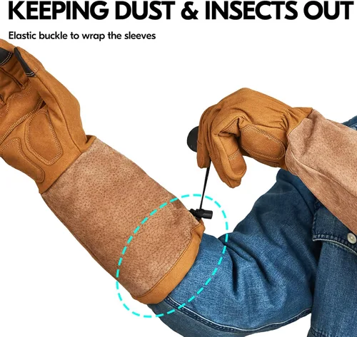 Miniatura 5 de Vgo... Guantes de trabajo de seguridad para hombre, puño extendido de cuero dividido de cerdo, cuero sintético, a prueba de espinas de poda de 1 par