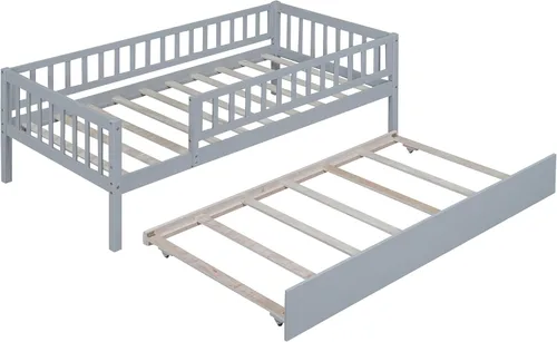 Miniatura 5 de Base de cama de tamaño individual con barandillas nido y valla para niños, adolescentes y adultos, soporte de listones de madera, no necesita Gris