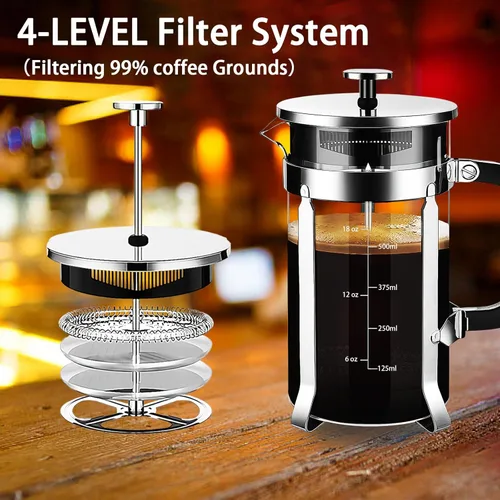 Miniatura 2 de YMMIND Cafetera de prensa francesa de acero inoxidable 304, con sistema de 4 filtros, vidrio de prensa francesa de borosilicato de espesor Tono plata