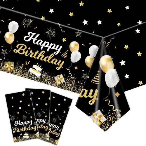 Miniatura 9 de MRJ Black Party Supplies - Paquete de 3 manteles de feliz cumpleaños con estrellas rosas y negras, decoraciones perfectas para fiestas de cumpleaños