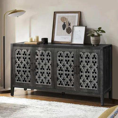 Miniatura 3 de Aparador de buffet Credenzas para sala de estar, mesa de entrada de 60 pulgadas con gabinete de almacenamiento, puertas huecas talladas, negro Azul