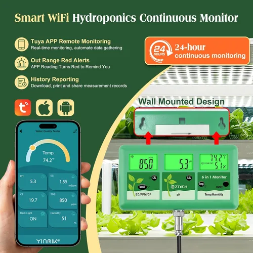 Miniatura 3 de Monitor continuo de pH EC para hidropónico, medidor de pH EC PPM WiFi 6 en 1, probador digital de pH TDS temperatura humedad para sistema
