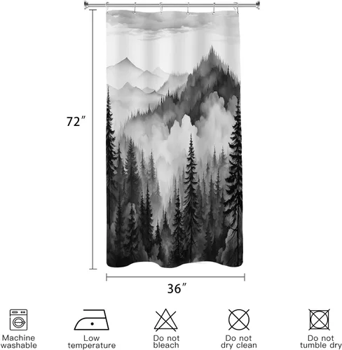 Miniatura 6 de Cortina de ducha pequeña de 36 x 72 pulgadas, cortina de medio tamaño de bosque brumoso, cortina de ducha estrecha mitad negra y blanca de montaña
