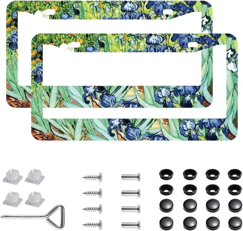 Miniatura 21 de Paquete de 2 marcos para placa de automóvil de acero inoxidable con tornillos, tapas y destornilladores, para mujeres y niñas, diseño de flores de 7