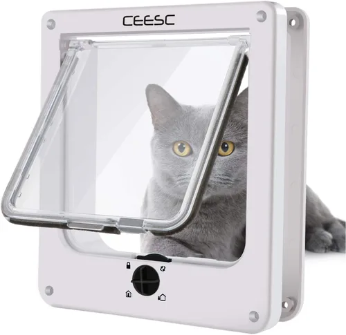 Miniatura 8 de CEESC - Puerta grande para gatos para puerta interior/exterior, resistente a la intemperie, negra, puerta para mascotas con bloqueo giratorio de 4
