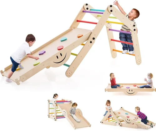 Costzon Juguetes de escalada para niños pequeños, 10 en 1 plegable Montessori Escalera de madera para interiores con rampa reversible, métodos de