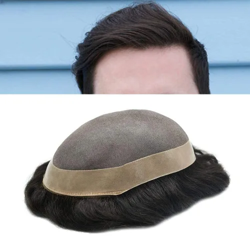 Miniatura 14 de Peluca monofilamento de monofilamento para hombre con revestimiento de poliéster alrededor del sistema de reemplazo de cabello humano duradero NPU